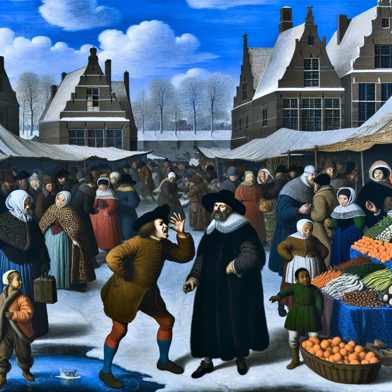 drukke winterse marktscène met een gefrustreerde klant die klaagt bij een verwarde verkoper, omringd door vrolijke mensen die genieten van de winter
