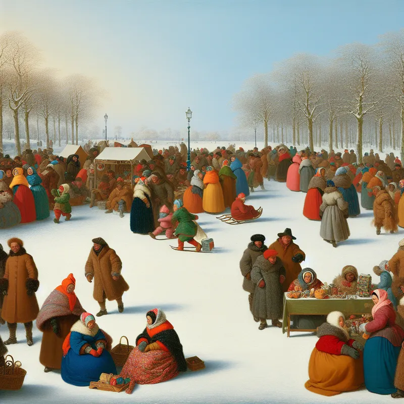 Druk winterscène in een park met mensen in kleurrijke winterkleding, vrienden die winkelen bij een kraampje en anderen die van een besneeuwde heuvel sleeën.