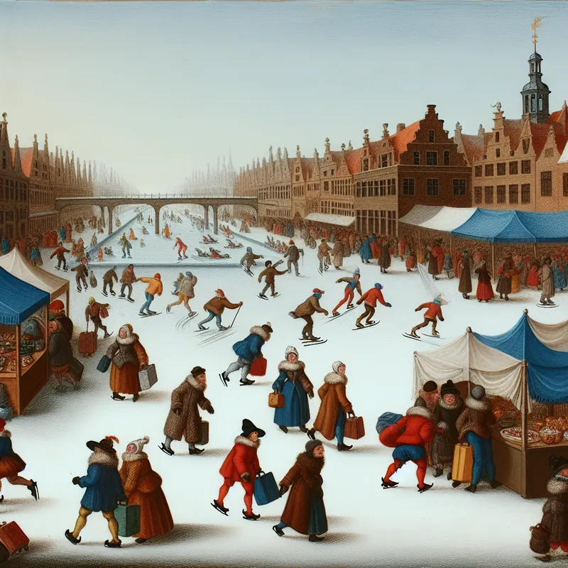 Drukke winterse marktplaats met reizigers, schaatsers en verkopers in de stijl van Hendrick Avercamp, met levendige beweging en een lange rij bij de kassa
