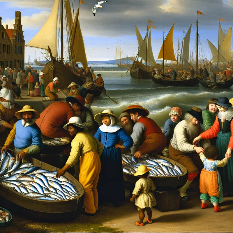 Drukke zeehaven met vissers die kleurrijke boten met vers gevangen vis lossen, omringd door lokale bewoners en spelende kinderen op het strand.