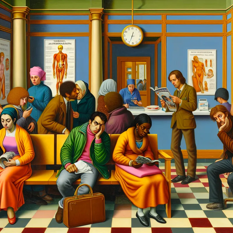 Drukke wachtkamer van een ziekenhuis met diverse mensen die zitten wachten, sommigen zijn angstig terwijl anderen converseren of lezen.