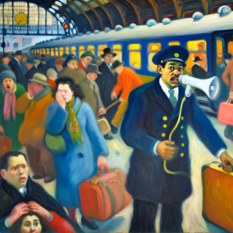 Een treinconducteur met een microfoon op een druk treinstation, omgeven door reizigers die reageren op de aankondiging.