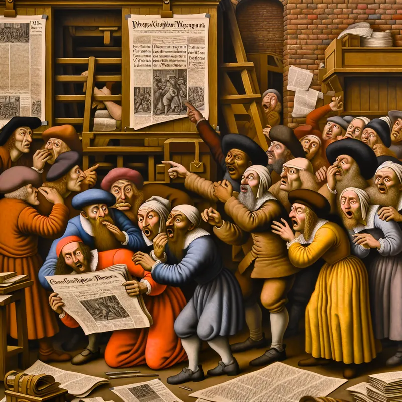 Drukkerswinkel met enthousiaste toeschouwers rond een grote krant met een opvallende kop, in de stijl van Jan Steen.