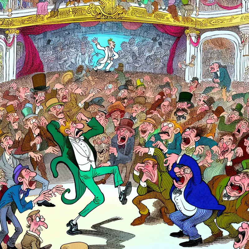 Cartoonachtige chaos met expressieve personages die een enorme herrie maken terwijl een artiest het podium betreedt, illustrerend het informele woord 'drukte'