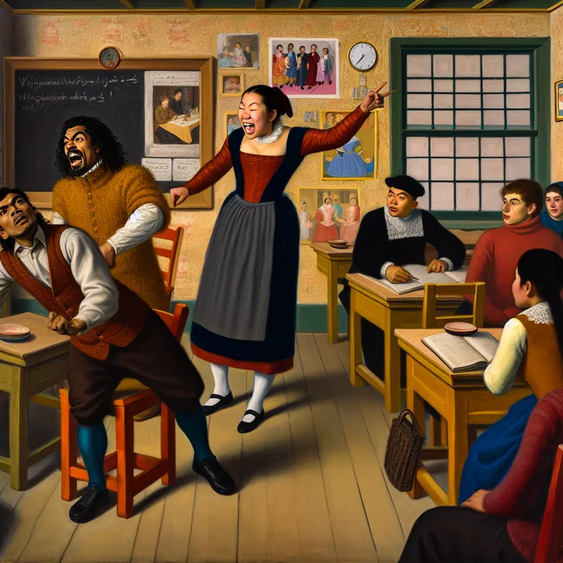 Leerling op een stoel die de aandacht van de leraar vraagt in een drukke klas