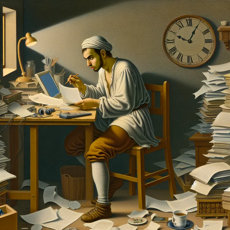 Jongeman omringd door boeken en papieren, druk aan het werk aan zijn computer in een lichte, serene kamer.