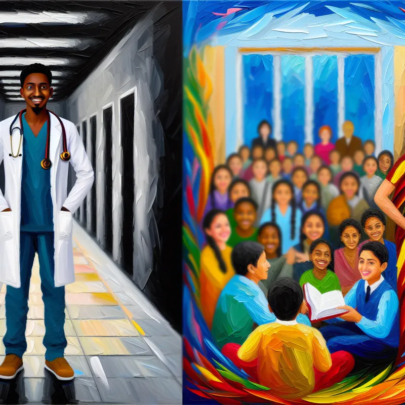 Tweeledige afbeelding van een jong persoon als dokter en oudere als leraar