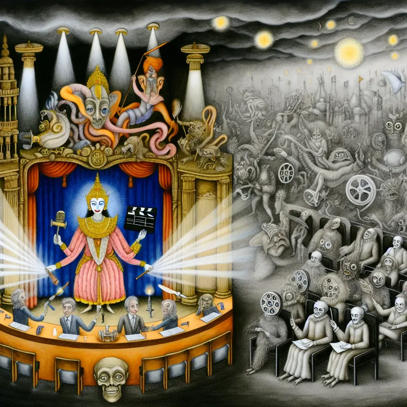 Surrealistisch toneel met persoon in dubbele rol als acteur en rechter, symboliserend de functie of taak in verschillende situaties