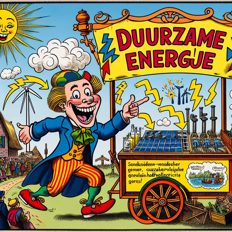 Een vrolijke cartoonfiguur staat bij een marktkraam en wijst naar een bord met de tekst 'Duurzame Energie', omringd door zonne-energiebronnen.