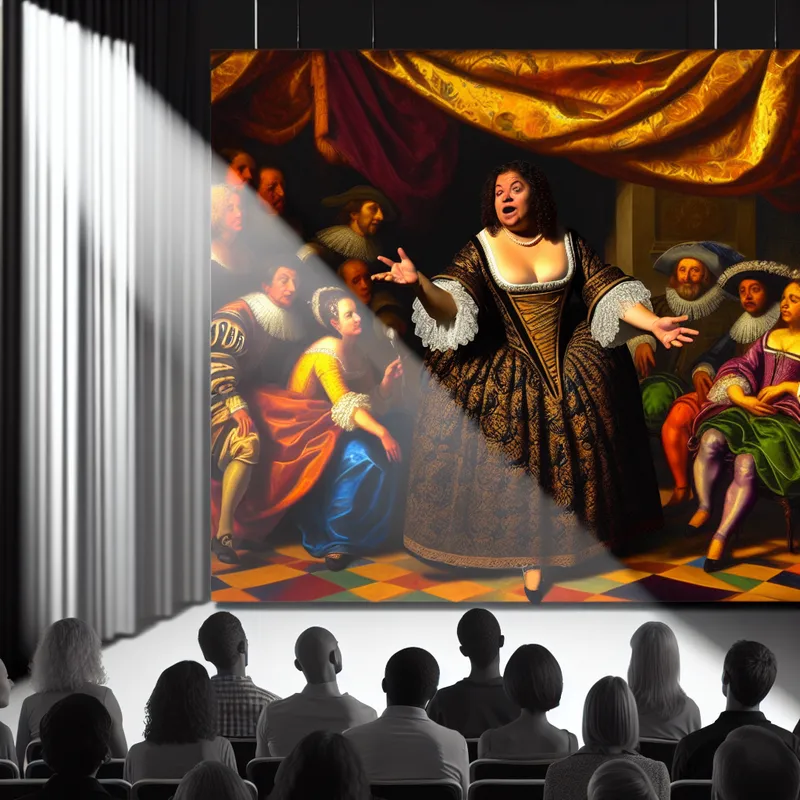 Een vrouw spreekt duidelijk en zelfverzekerd tegen een diverse groep mensen in een barokke zaal.