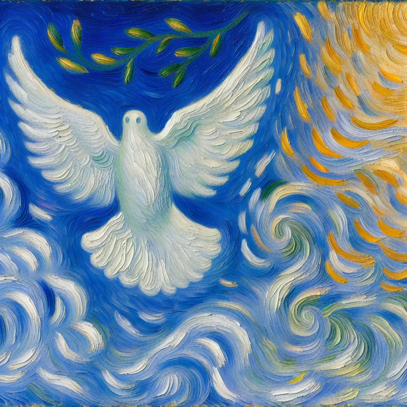 Witte duif in vlucht tegen een expressieve, kolkende lucht in Van Gogh-stijl, symbool voor vrede en hoop