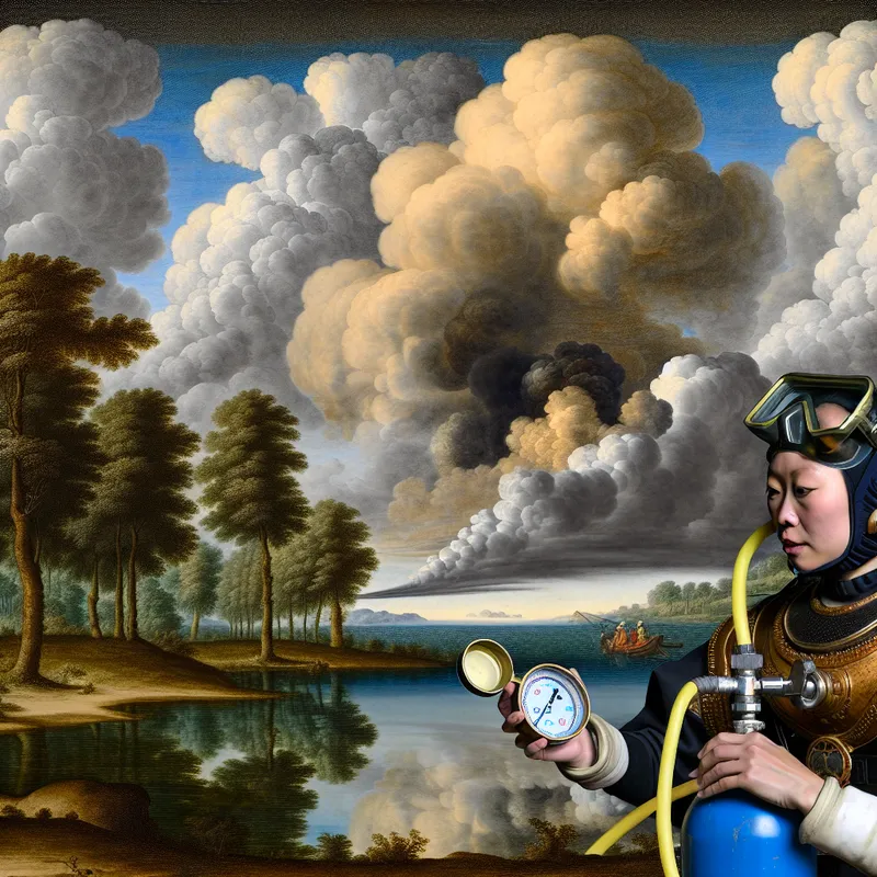 17e-eeuwse Nederlandse landschapsschildering met duiker die luchtdruk in bar afleest op zuurstoftank bij serene waterkant