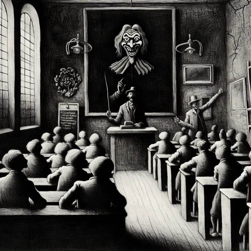 Een duister klaslokaal met levensloze studenten die een groteske leraar imiteren, wat de saaiheid en gebrek aan betrokkenheid symboliseert.