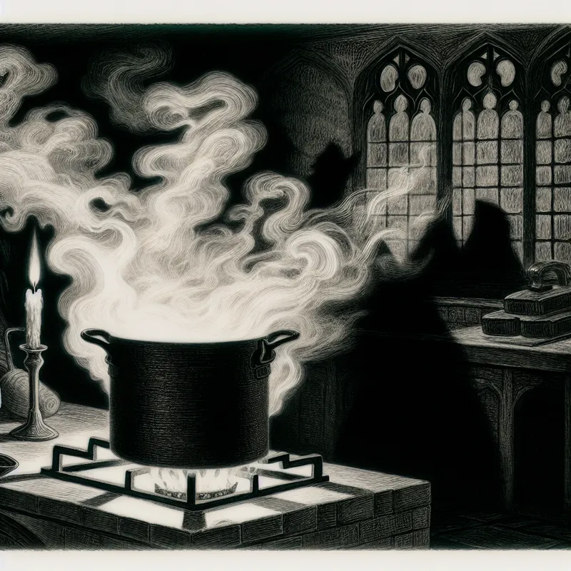 Donkere keuken verlicht door kaarslicht, met een kokende pan die damp en gas uitzendt.