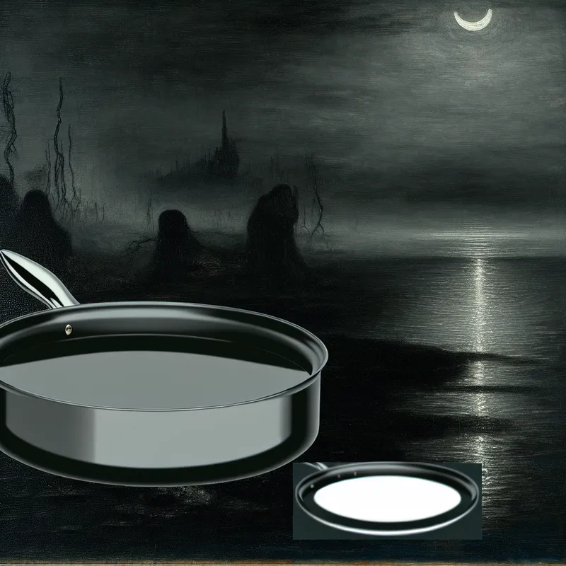 Donkere en mysterieuze scène met een dunne olieachtige laag op rustige wateroppervlakte en een moderne pot