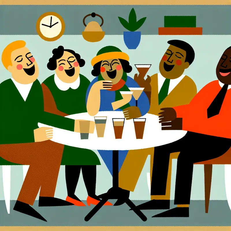 Illustratie van volwassenen die gezellig aan een cafétafel zitten, praten en drinken