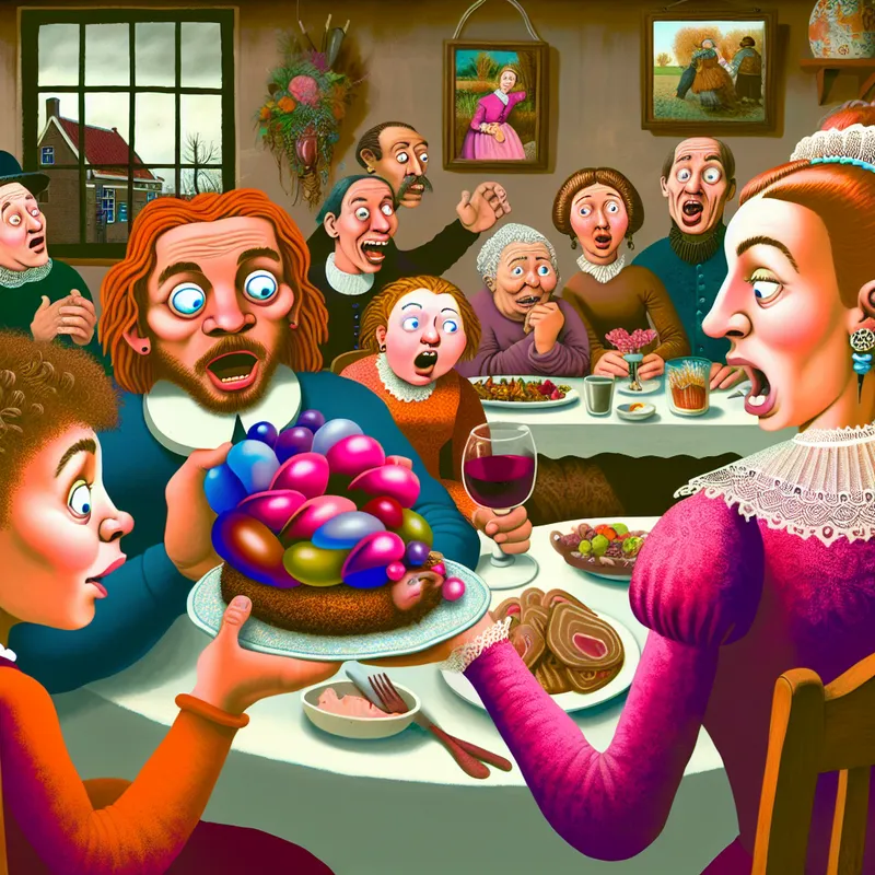 Een levendige en humoristische scène van een Nederlandse familie die zich verzamelt rond een eettafel vol verrassende gerechten.
