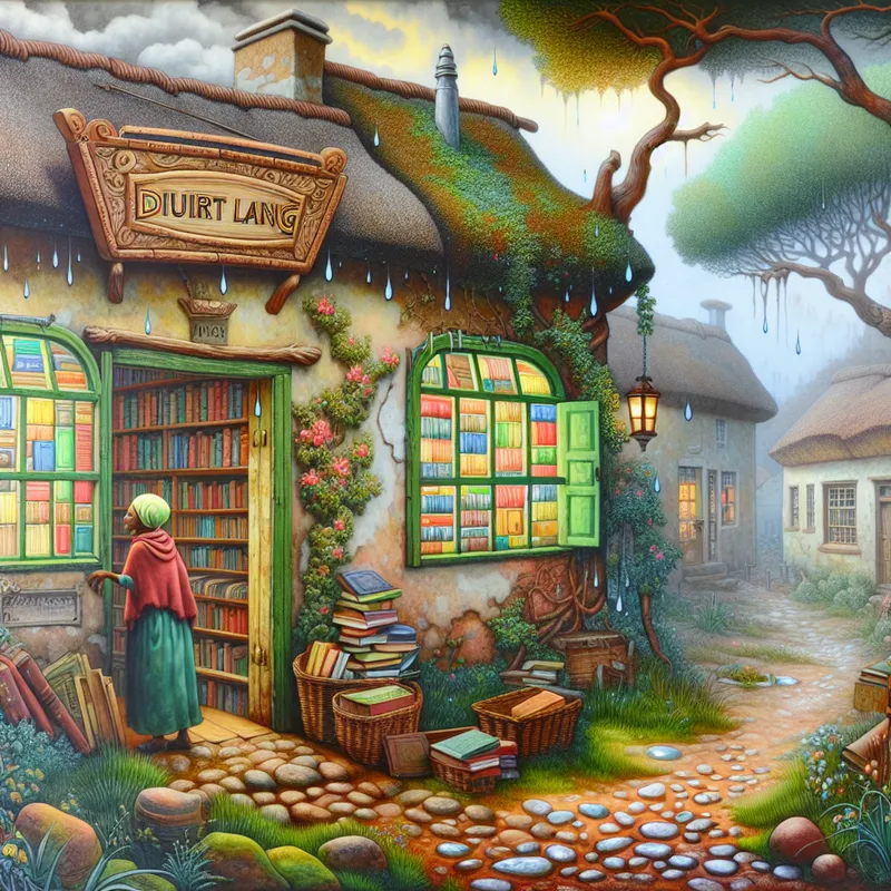 Een weerbestendige boekwinkel in een fantasierijke dorp, omringd door groen en kleurrijke boeken.