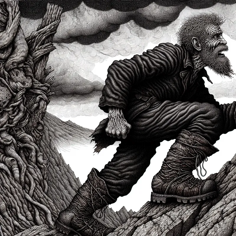 Illustratie van een oude, sterke man die een steile berg beklimt, symbool voor duurzaamheid en taaiheid