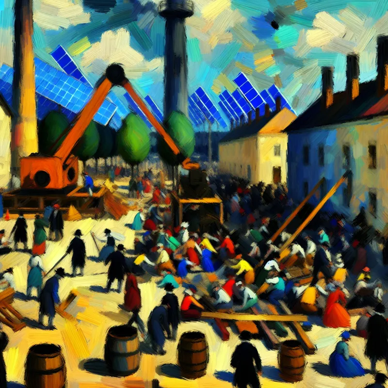 Levendige marktplaats die overstapt van fossiele brandstoffen naar duurzame energie, geschilderd in de stijl van Frans Hals