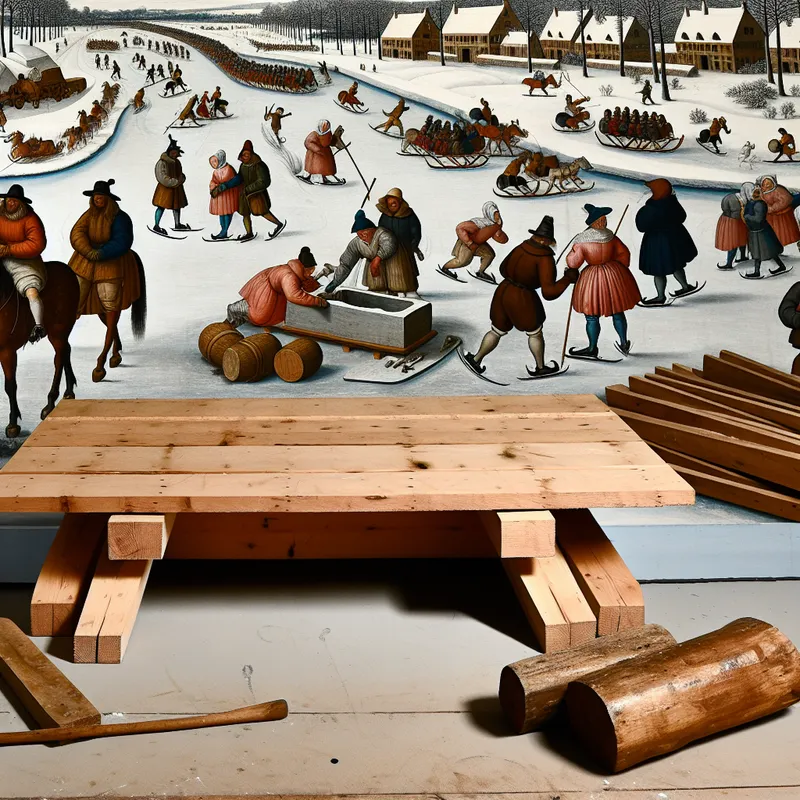 Wintertafereel in de stijl van Hendrick Avercamp met een stevige houten tafel vol zware voorwerpen zoals vaten en gereedschap, omringd door schaatsers en sleeën op een bevroren kanaal