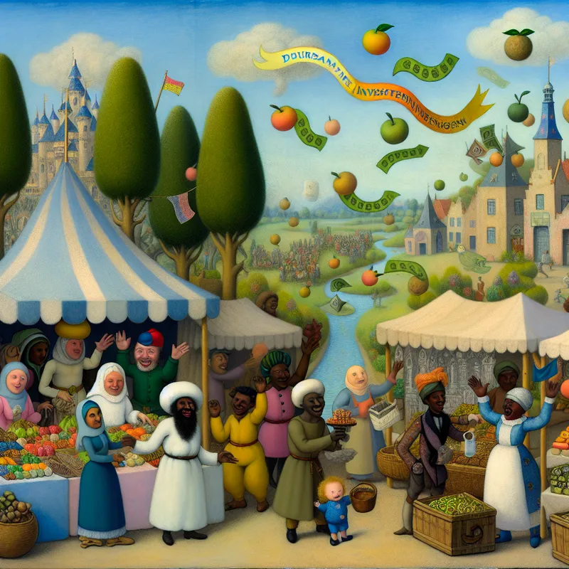 Een kleurrijke markt met ondernemers die duurzame producten aanbieden, met banners en bomen die geldachtige vruchten dragen.