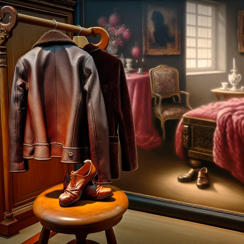 Schilderij van een leren jas en schoenen die duurzaamheid en tijdloze kwaliteit uitstralen in een elegante interieursetting