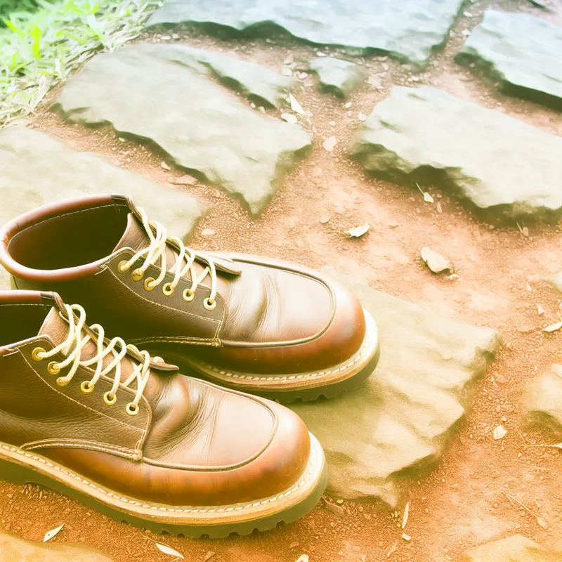 Minimalistische illustratie van stevige, duurzame leren schoenen op een ruig buitenpad, symboliserend taaiheid en weerstand tegen slijtage