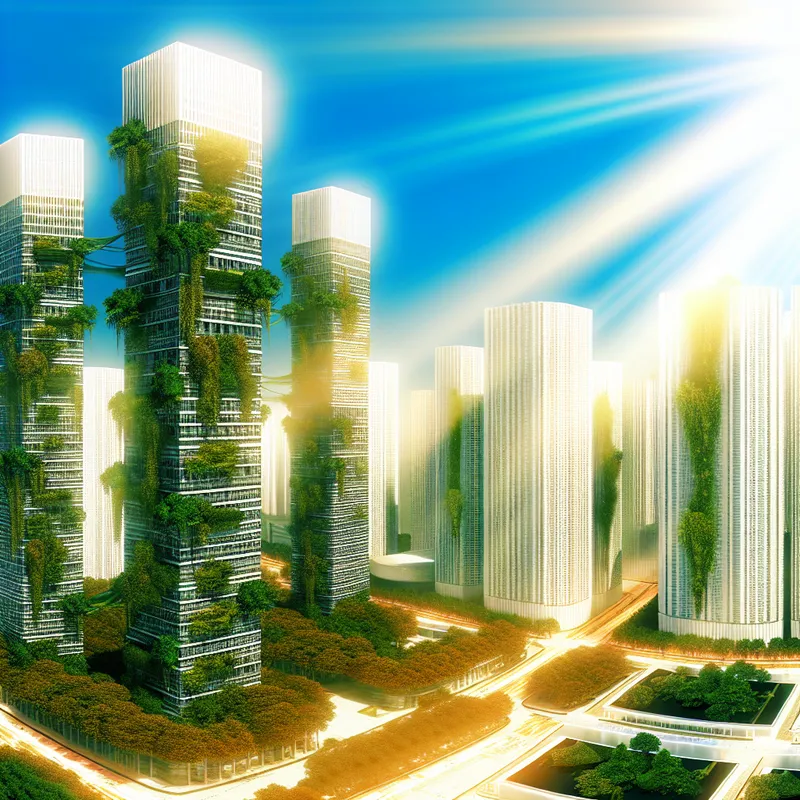 Hyperrealistisch surrealistisch stadsbeeld met groene gebouwen en zonnepanelen, symbool voor ecologische verantwoordelijkheid en duurzaamheid