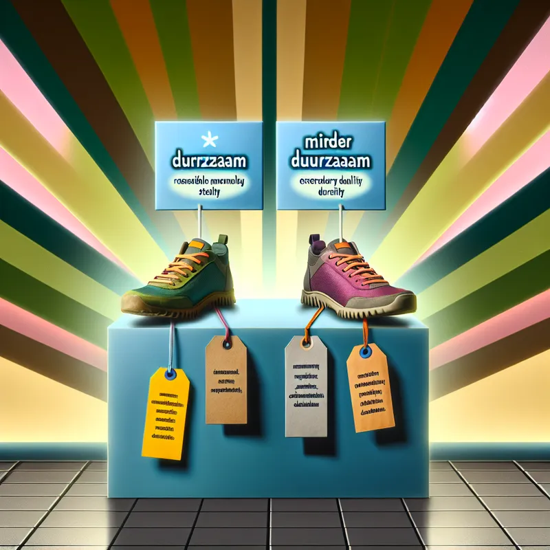 Twee paar schoenen op een platform, één kleurrijk en stijlvol met het label 'duurzaam', de ander saai en gelabeld als 'minder duurzaam'