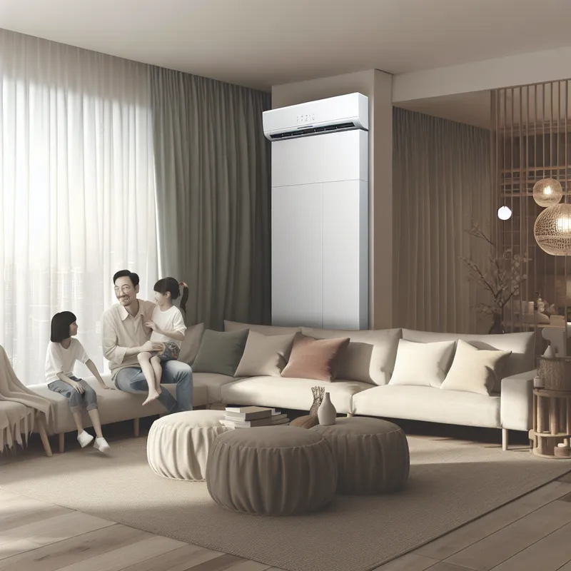 Moderne woonkamer met duurzame warmtepomp, elegante meubels en een gezin dat samen geniet.