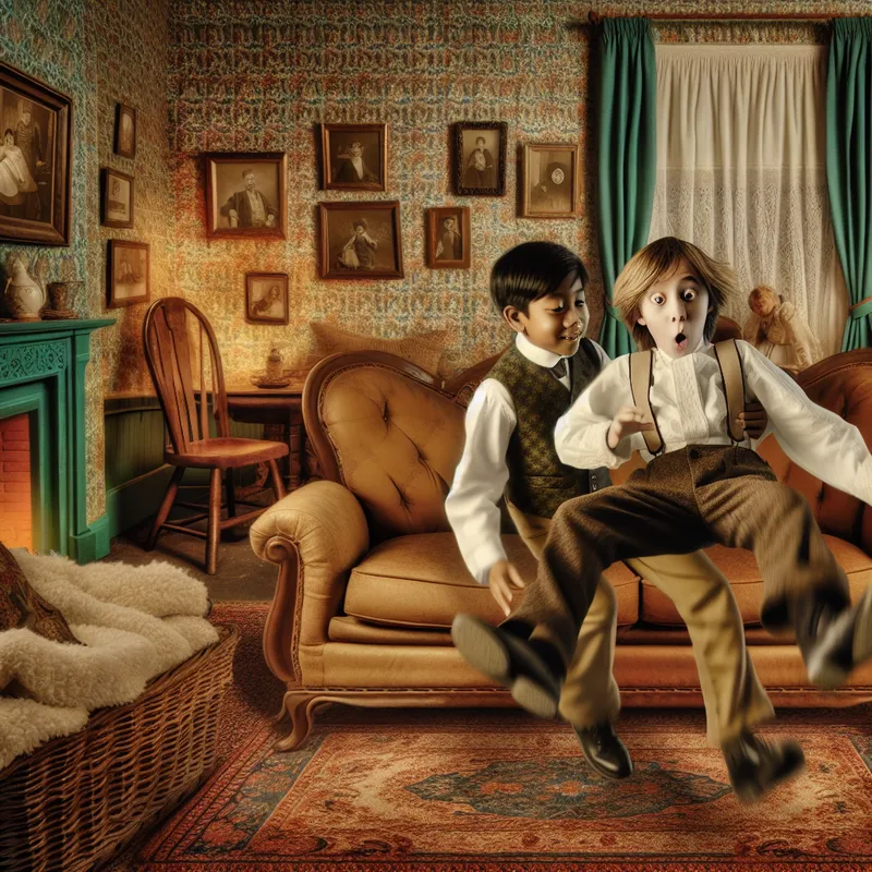 Jongen duwt per ongeluk zijn broertje van de bank in een nostalgische woonkamer vol mensen, in de stijl van Anton Pieck