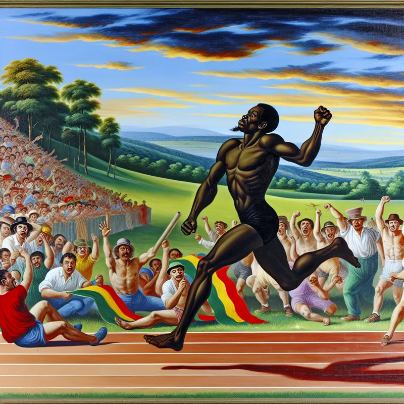 Een atletische atleet die rent tijdens een atletiekwedstrijd, omringd door juichende toeschouwers en kleurrijke banners, met een weelderig landschap op de achtergrond