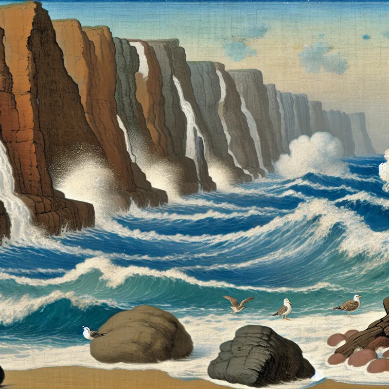 Dynamisch kustlandschap met golven die rotsachtige kliffen slijten, met spelende meeuwen op de voorgrond.