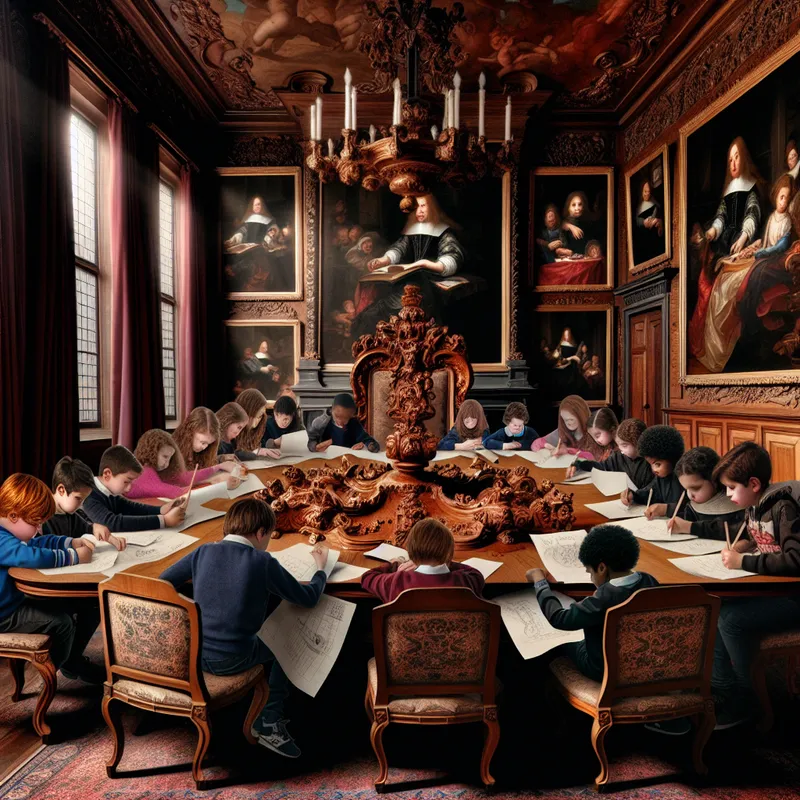 Kinderen doen huiswerk aan een houten tafel in een barokke eetkamer