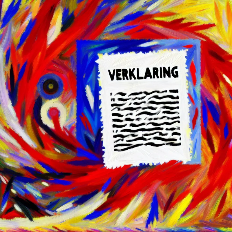 Abstracte compositie in de stijl van Willem de Kooning met de tekst 'verklaring' op een wit papier, omringd door krachtige kleuren.