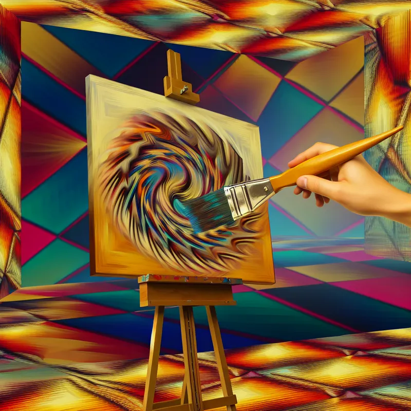 Dynamisch schilderij met een kwast in beweging, kleurrijke streken op een canvas en een geometrische omgeving in de stijl van M.C. Escher.