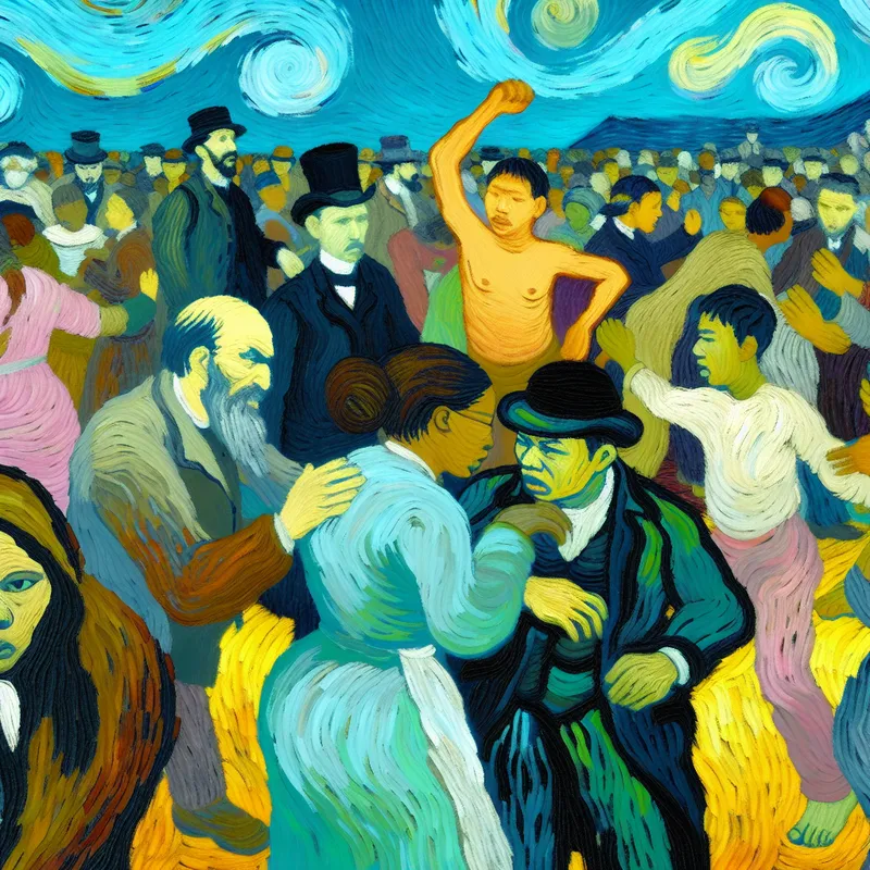 Vibrante interpretatie van een diverse menigte mensen uit verschillende culturen die deelnemen aan betekenisvolle activiteiten, met dynamische bewegingen en emotionele intensiteit.