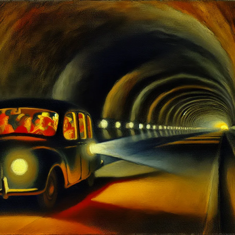 Auto rijdt door lange, licht gedimde tunnel met levendige inzittenden