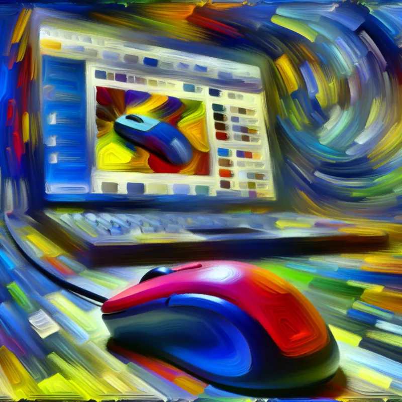 Een kleurrijke muis die over een computerbureau beweegt, met een helder scherm vol open vensters op de achtergrond.