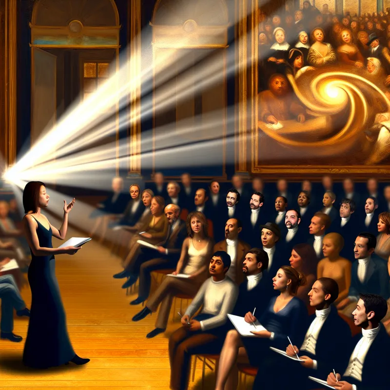 Een levendige conferentiehal met mensen van verschillende achtergronden die energiek ideeën uitwisselen.