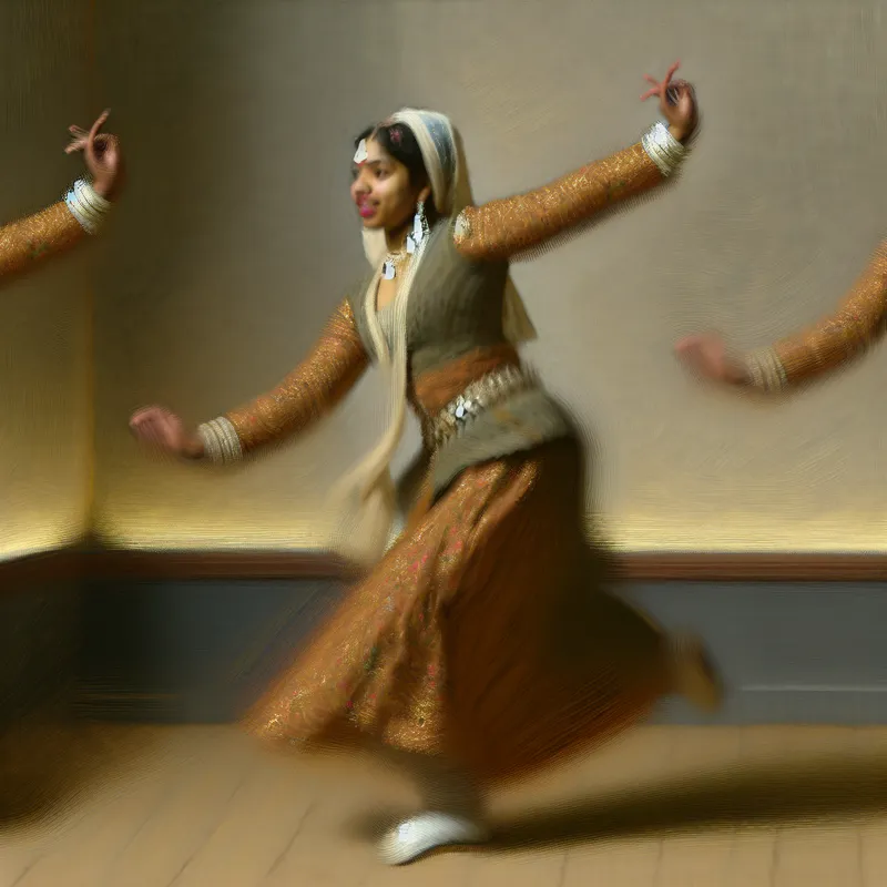 Dynamische danser in beweging met drie stappen naar links, geschilderd in levendige stijl met losse penseelstreken