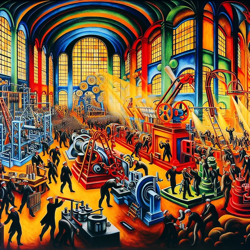 Actieve fabrieksscène met arbeiders die machines bedienen, illustrerend de variërende productie-flow.