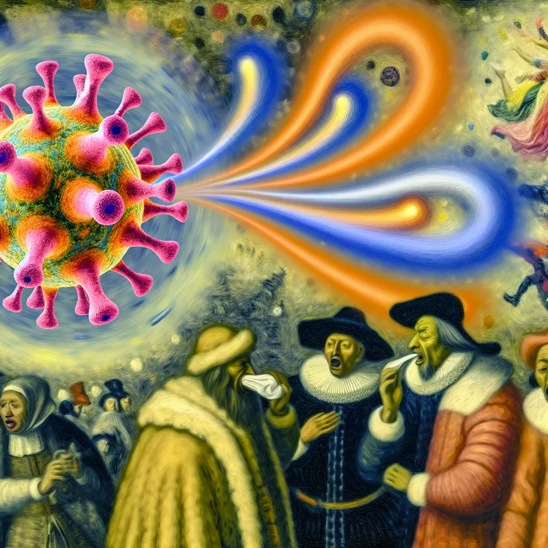 Dichtbijopname van een virus met stekelige oppervlakte, omringd door mensen in winterkleding die niezen, met wervelende deeltjes om de verspreiding van de griep te symboliseren.