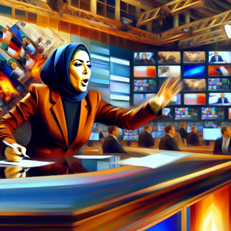 Een journalist in een drukke nieuwsredactie, omringd door schermen met actuele nieuwsitems.