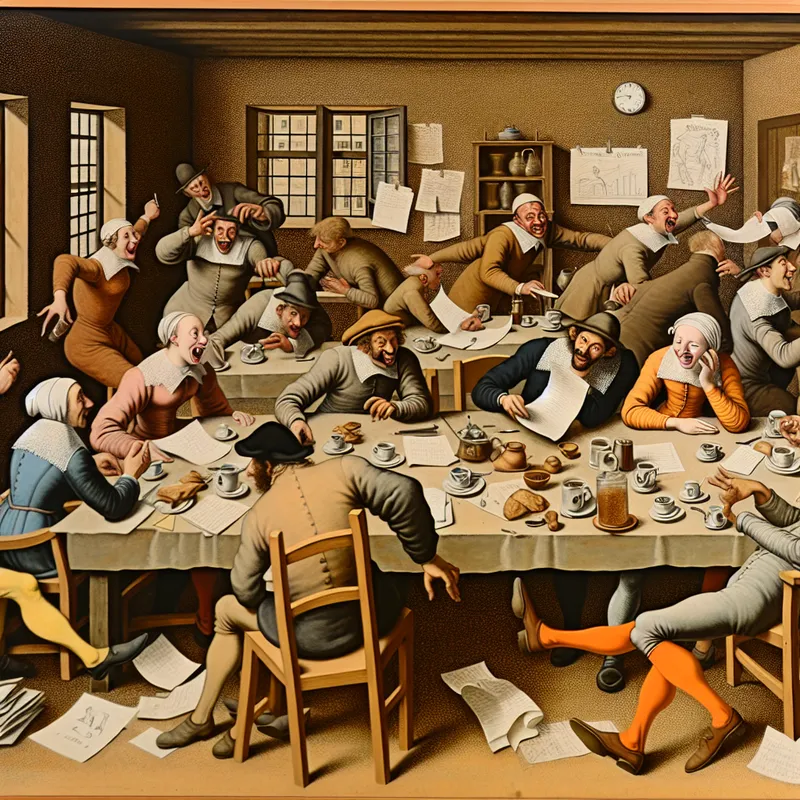 Luchtige scènes van een kantoormeeting in Jan Steen-stijl