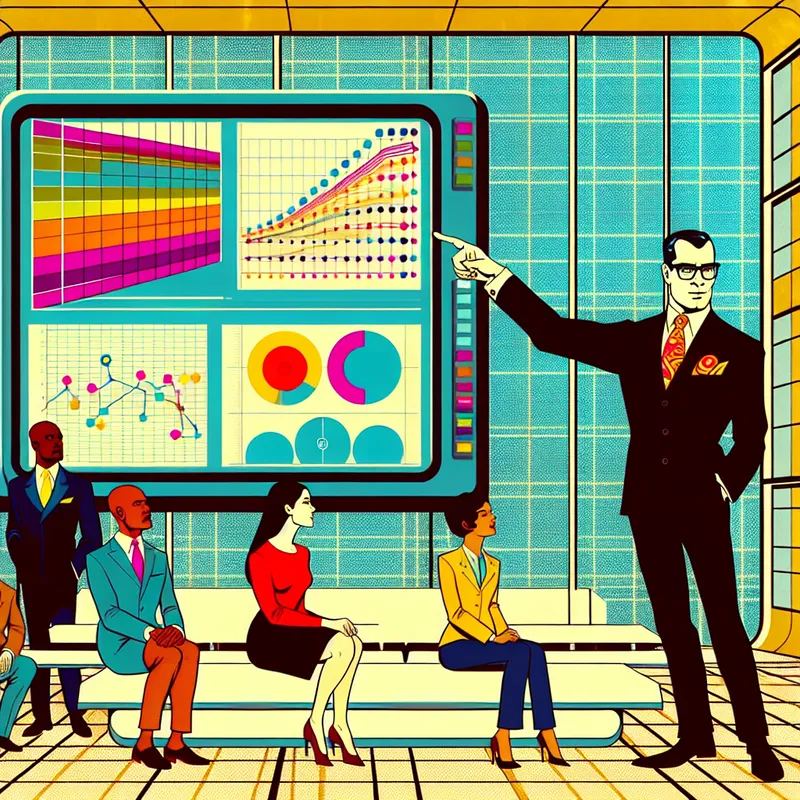 Een supervisor in een net pak wijst op een digitaal display met grafieken, terwijl diverse medewerkers oplettend notities maken in een moderne kantoorsetting.
