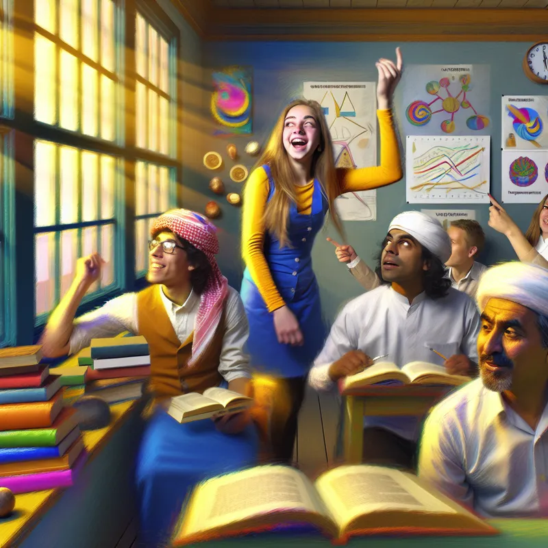 Een enthousiaste student in een levendige klasomgeving, omringd door boeken en betrokken bij medestudenten en een mentor.