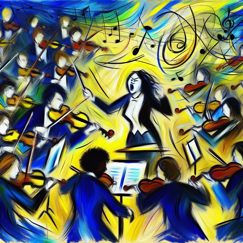 Orkest met dirigent en violist in wals, Van Gogh-stijl