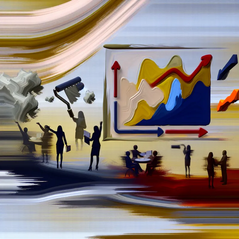 Abstracte uitdrukking van een dynamische projectmeeting met kleurrijke lijnen en enthousiaste figuren